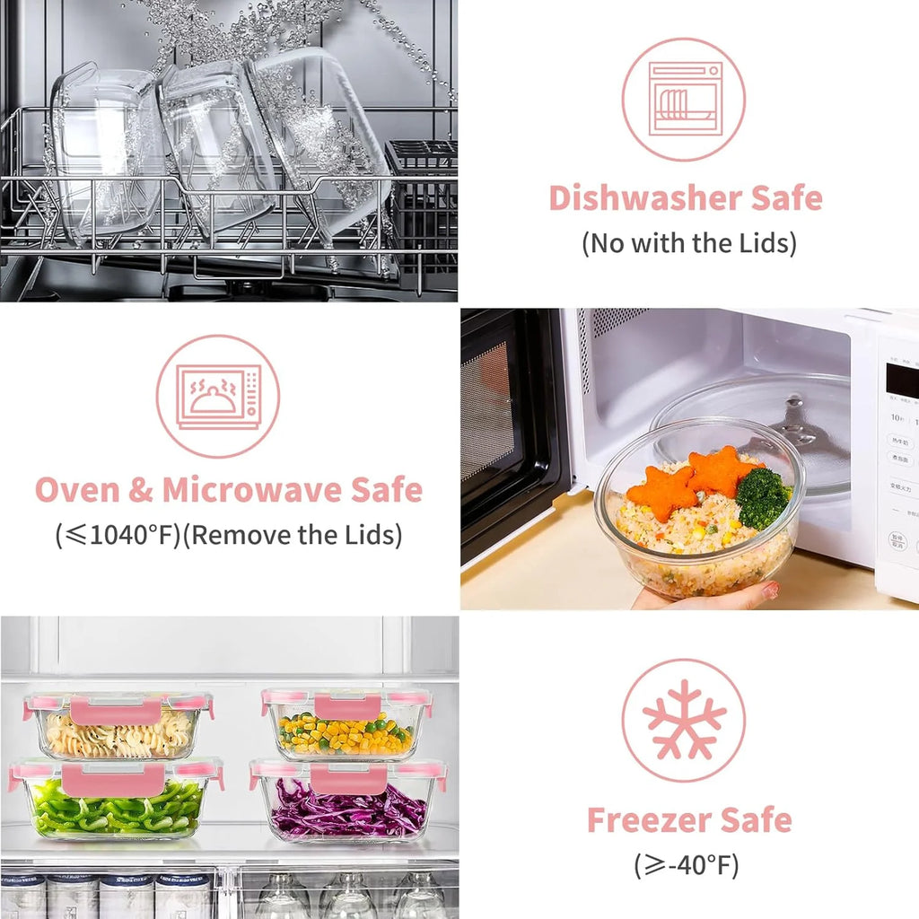 34Pcs Glass Food Storage Containers with Lids Set, Airtight Meal Prep Containers (17 Containers & 17 Lids), Pink