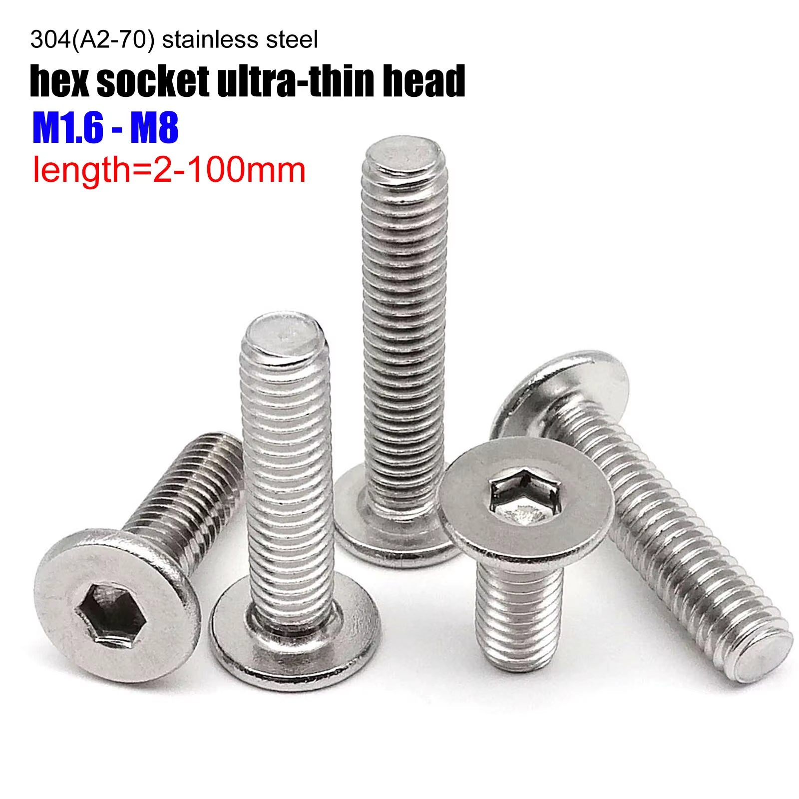 CM M1.6 M2 M2.5 M3 M4 M5 M6 M8 304 A2-70 Stainless Steel Hex Hexagon Socket Ultra Thin Flat Wafer Allen Head Bolt Screw