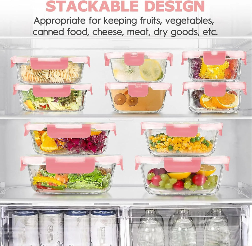 34Pcs Glass Food Storage Containers with Lids Set, Airtight Meal Prep Containers (17 Containers & 17 Lids), Pink