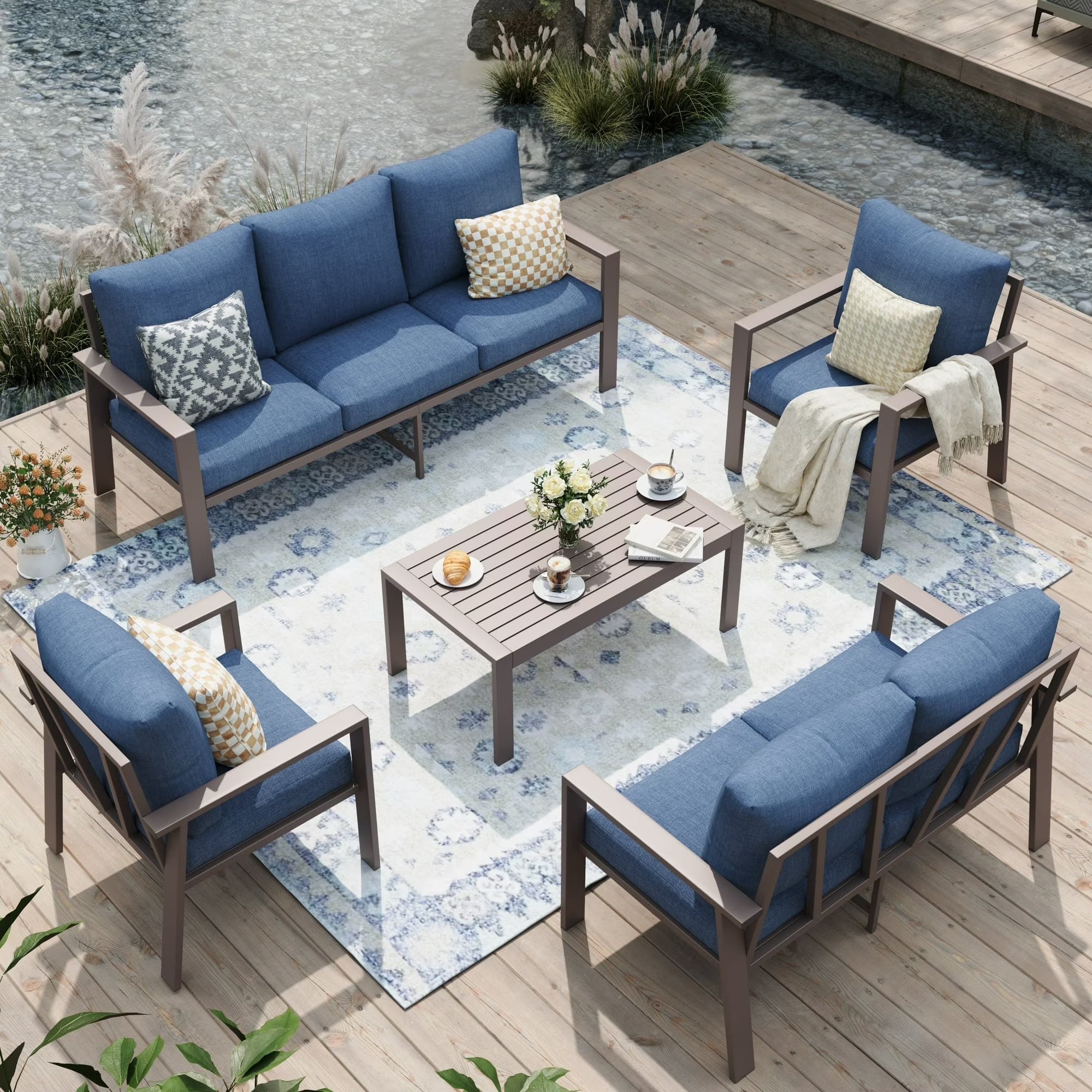 Aluminum Patio Furniture Set, Contemporary Outdoor Couch Set, Aluminum Patio Conversation Set, Blue